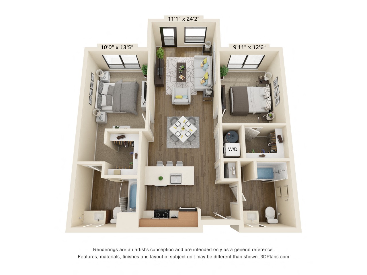 Floor plan for 2 beds, 2 baths, 934 sqft